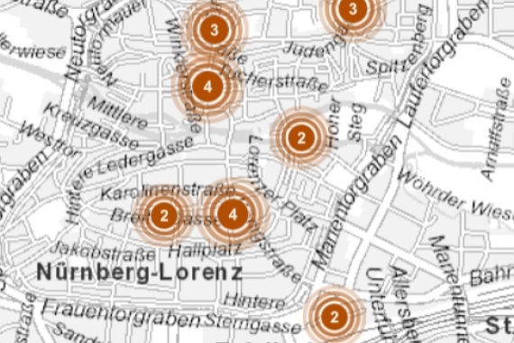 Auf dem Bild sieht man eine Karte der Nürnberger Innenstadt auf der mit Punkten angegeben ist, wo es Wickelmöglichkeiten gibt.