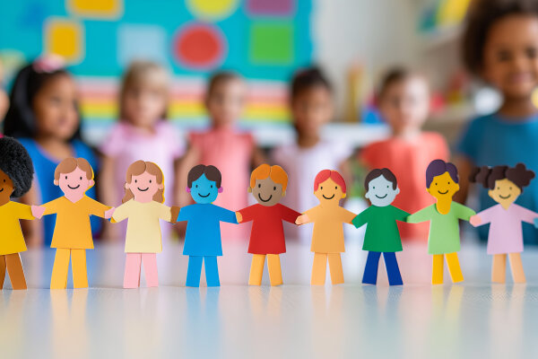 Rainbow colored paper human figures holding their hands on kindergarten or school background. Diversity and inclusion concept. Generative AI.
