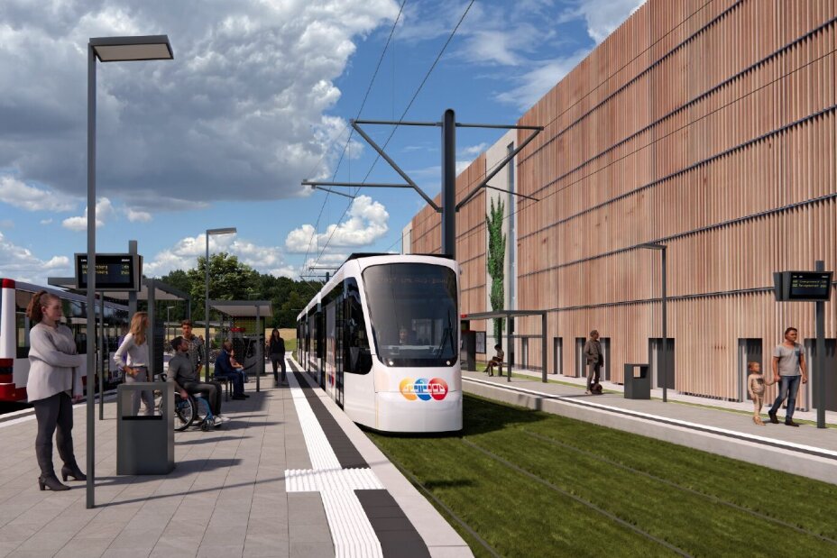 Ein Blick auf die Zukunft der Stadt-Umland-Bahn: Visualisierung Park & Ride-Anlage Reutles in Nürnberg.