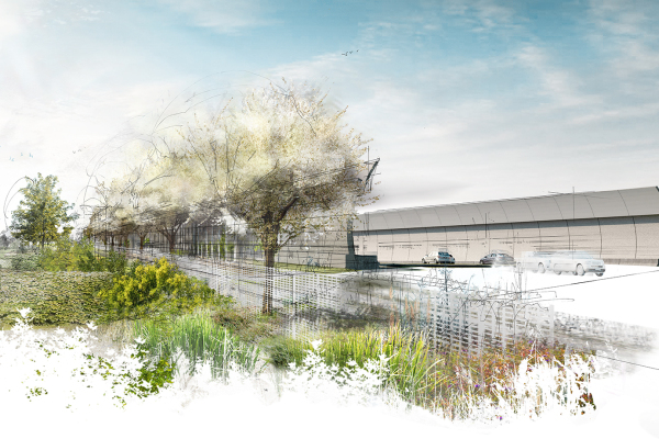 Diese Skizze zeigt den Blick auf den Frankenschnellweg mit der acht Meter hohen Lärmschutzwand von Nordwesten aus.