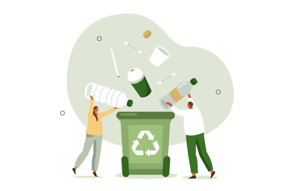 Environmental protection illustration set. Characters collecting plastic trash into recycling garbage bin, trying to reduce CO2 emission, working in green recycling industry. Vector illustration.