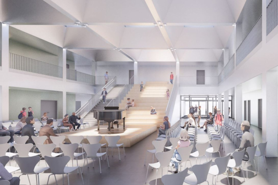 Bild © Hauck, Philip Entwurf eines Foyers mit Treppenaufgang und Sitzgelegenheiten im neuen Schulzentrum Breslauer Straße, Bild © Hauck, Philip