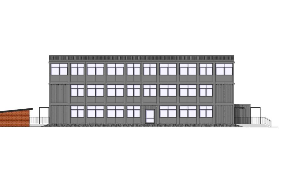 Bild © wbg Nürnberg GmbH Visualisierung der Fassade des Interimsbaus der Carl-von-Ossietzy-Mittelschule., Bild © wbg Nürnberg GmbH