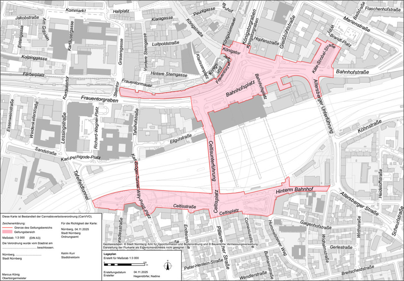 Bild © Geobasisdaten: Stadt Nürnberg, Geo und Bayerische Vermessungsverwaltung Offizielle Karte mit der rot markierten Cannabisverbotszone rund um den Nürnberger Hauptbahnhof., Bild © Geobasisdaten: Stadt Nürnberg, Geo und Bayerische Vermessungsverwaltung