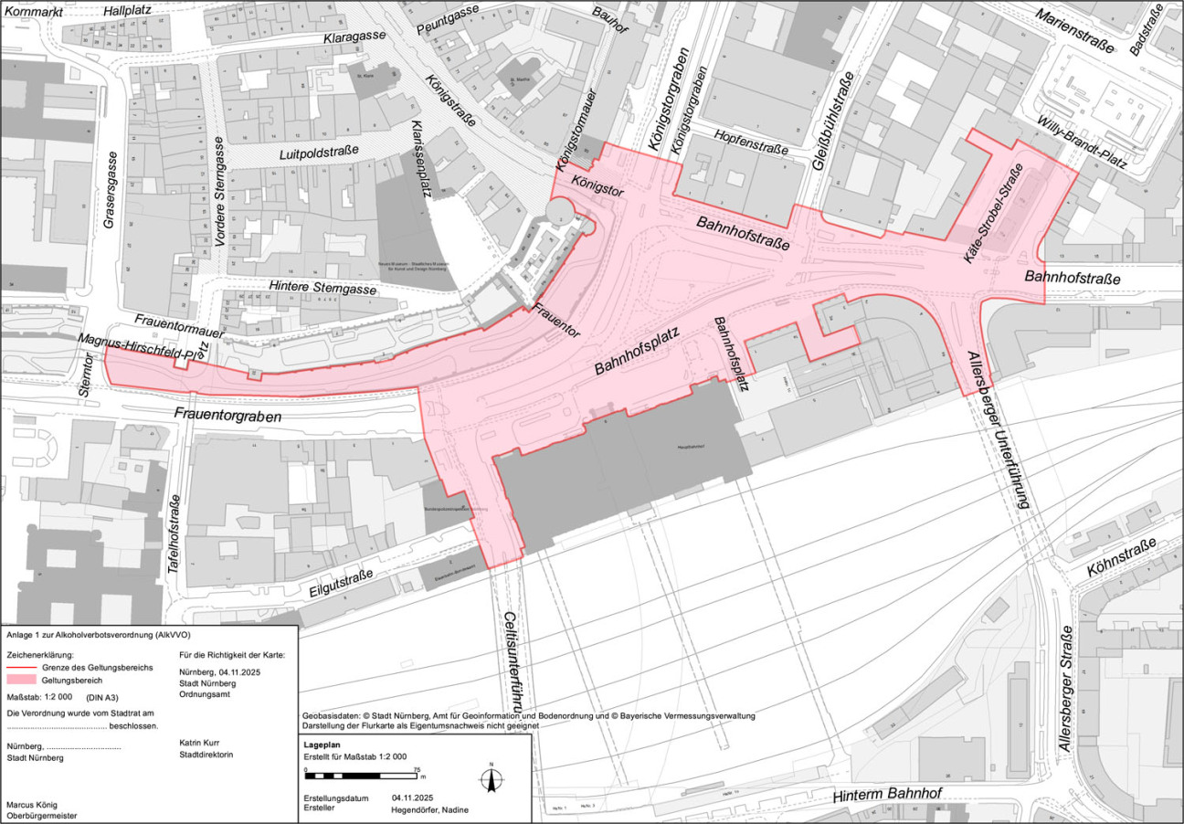 Bild © Geobasisdaten: Stadt Nürnberg, Geo und Bayerische Vermessungsverwaltung Karte mit der rot markierten Alkoholverbotszone um den Nürnberger Hauptbahnhof., Bild © Geobasisdaten: Stadt Nürnberg, Geo und Bayerische Vermessungsverwaltung