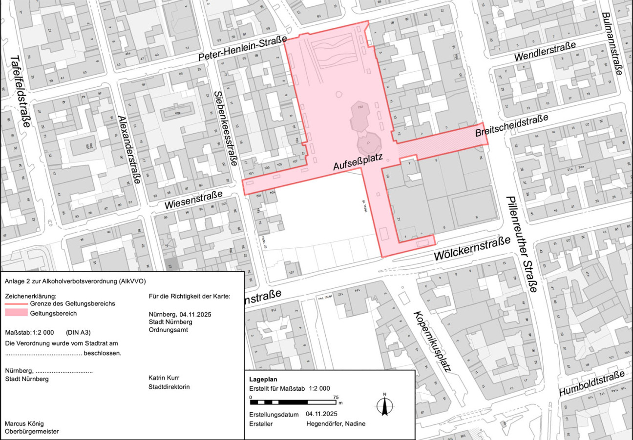 Bild © Geobasisdaten: Stadt Nürnberg, Geo und Bayerische Vermessungsverwaltung Karte mit der rot markierten Alkoholverbotszone am Aufseßplatz., Bild © Geobasisdaten: Stadt Nürnberg, Geo und Bayerische Vermessungsverwaltung