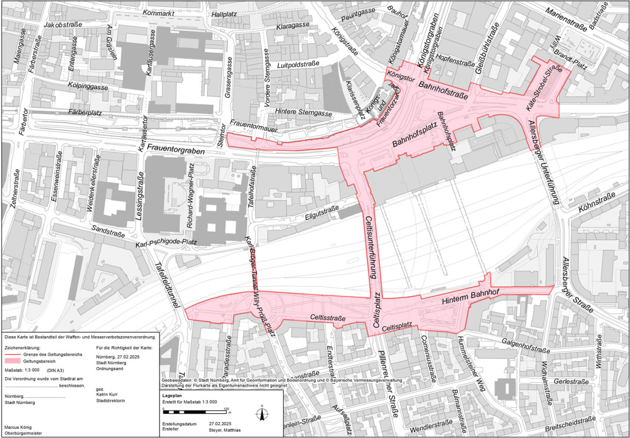 Bild © Geobasisdaten: Stadt Nürnberg, Geo und Bayerische Vermessungsverwaltung Karte zur Waffen- und Messerverbotsverordnung rund um den Nürnberger Hauptbahnhof., Bild © Geobasisdaten: Stadt Nürnberg, Geo und Bayerische Vermessungsverwaltung