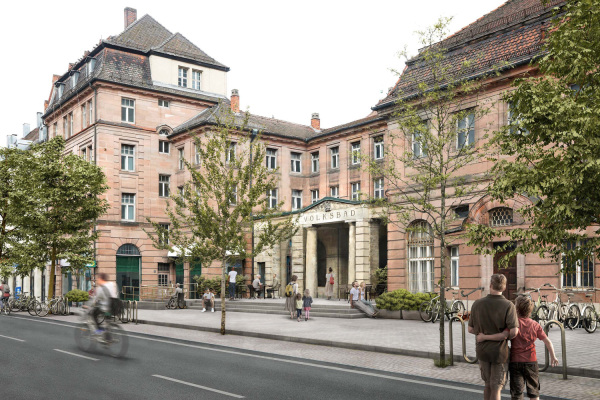 Visualisierung des Eingangsportals mit Bestuhlung und Begrünung.