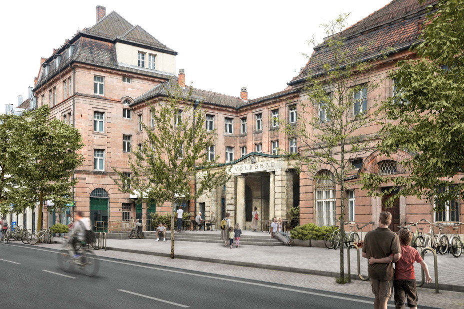 Visualisierung des Eingangsportals mit Bestuhlung und Begrünung.