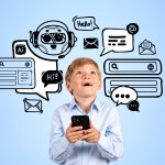 Astonished boy looking up at chat bot robot sketch icons, web search and speech bubbles on blue background. Concept of virtual assistant, AI communication and machine learning