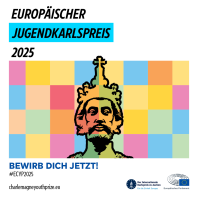 Gesicht Karls des Großen vor buntem Hintergrund. Schriftzug des Europäischen Jugendkarlspreis.