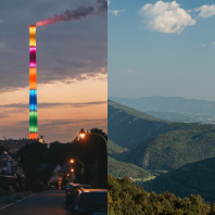 Auf der linken Seite ist das ehemalige Heizkraftwerk in Chemnitz zu sehen, das in bunten Farben erstrahlt, die ein Kunstwerk des französischen Künstlers Daniel Buren sind. Auf der rechten Seite des Bildes sind Berge in der Region um Nova Gorica zu sehen.