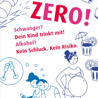 Grafiik mit der Aufschrift ZERO! Schwanger? Dein Kind trinkt mit! Alkohol? Kein Schluck. Kein Risiko. Zu sehen sind Getränke, eine schwangere Frau und ein Paar.