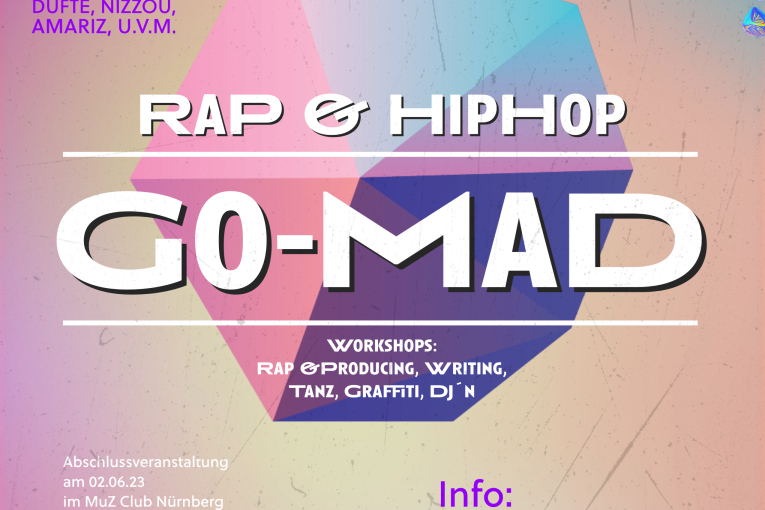 Mit der Veranstaltungsreihe „Go MAD – Gostenhof Music & Dance“ bietet das Kinder- und Jugendhaus Gost eine Woche lang ein Programm zur Hip-Hop-Kultur und seiner Geschichte. Von Dienstag bis Freitag, 30.05.23 bis 02.06.23, setzen sich Kinder und Jugendliche in zahlreichen intensiven Workshops mit verschiedenen Themen rund um Hip-Hop auseinander. Interessierte können sich für Workshops rund um die Themen Graffiti, Rap & Producing, Recording und Mixing HipHop Tanz und DJing – auch eine spontane Teilnahme ohne Anmeldung ist möglich. Die kostenfreien Workshops finden täglich von 15 bis 20 Uhr im Kinder- und Jugendhaus Gost, Eberhardshofstraße 10a, statt. Bei der großen Abendveranstaltung zu „Go MAD – Gostenhof Music & Dance“ bringen nach einer intensiven Workshop-Woche am Freitag, 02.06.23, von 18 bis 23 Uhr alte Hasen und neue Artists aus der Szene die Mikrofone im MUZclub, Fürther Straße 63, zum Glühen.