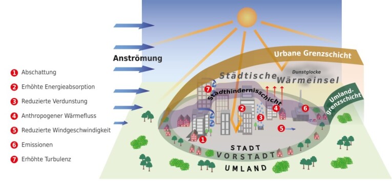 Schaubild einer innerstädtischen Wärmeinsel (Deutscher Wetterdienst)