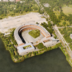 Blick von oben auf den zu errichtenden Ergänzungsbau als neue Spielstätte des Staatstheater Nürnberg im Kongresshallen-Innenhof (Computergrafik)