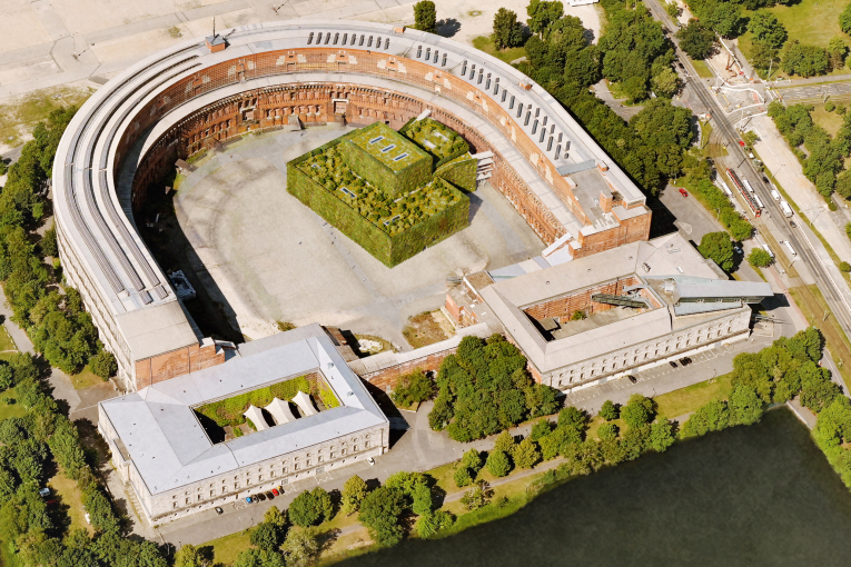 Blick von oben auf den zu errichtenden Ergänzungsbau als neue Spielstätte des Staatstheater Nürnberg im Kongresshallen-Innenhof (Computergrafik)