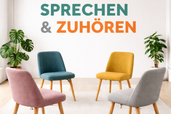 Fabenfrohe Stühle in minimalistischem Raum. Mit der KI erstellt.