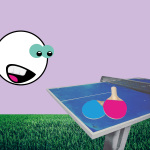 Eine Collage: Tischtennistisch mit zwei Schlägern und einem staunenden Ball