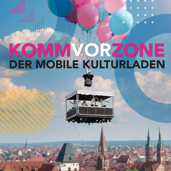 Plakat KommVorZone. Eine Bühne fliegt mit Luftballons über Nürnberg.