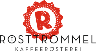 Logo der Kaffeerösterei namens Rösttrommel mit rotem R auf weißem Grund