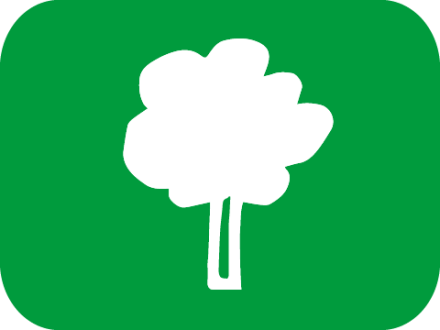 Das Bild zeigt ein grünes Recht·eck mit runden Ecken. In dem Recht·eck ist ein weißer Baum. Der Baum steht für: Natur und Draußen.