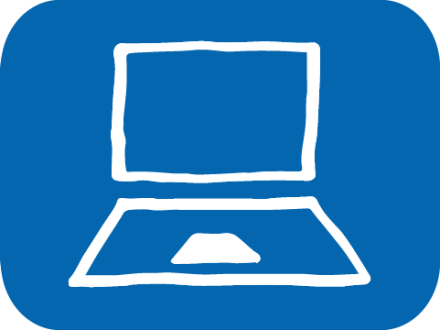 Das Bild zeigt ein dunkel·blaues Recht·eck mit runden Ecken. In dem Recht·eck ist ein weißer Laptop. Der Laptop steht für: Technik und Medien.