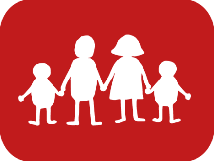 Das Bild zeigt ein rotes Recht·eck mit runden Ecken. In dem Recht·eck sind 4  weiße Personen: 2 Kinder und 2 Erwachsene. Die Personen stehen für: Für die ganze Familie.