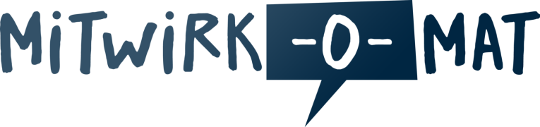 Das Logo ist das Wort Mitwirk-O-Mat in dunkel∙blau. Das O ist in einer Sprech∙blase.
