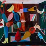 Gemälde eines dadaistisch anmutenden Raumes mit einer bunten Gliederpuppe