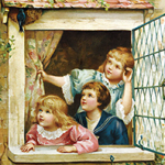 Illustration von drei Kindern, die aus einem Fenster schauen