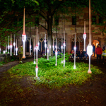 Leuchtende Röhren hängen in einem Garten von Bäumen