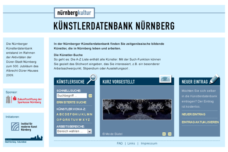 Bildschirmfoto der Künstlerdatenbank