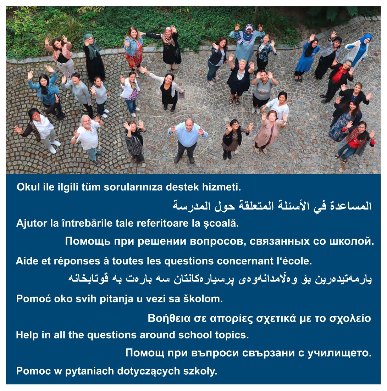 Bild © IPSN NEST / Stadt Nürnberg "Hilfe bei allen schulischen Problemen" in verschiedenen Sprachen, Bild © IPSN NEST / Stadt Nürnberg