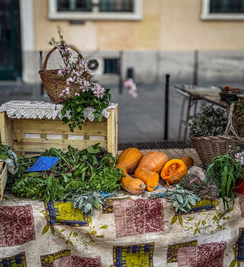 Ein Stand mit Kürbis und Kräutern in Nizza