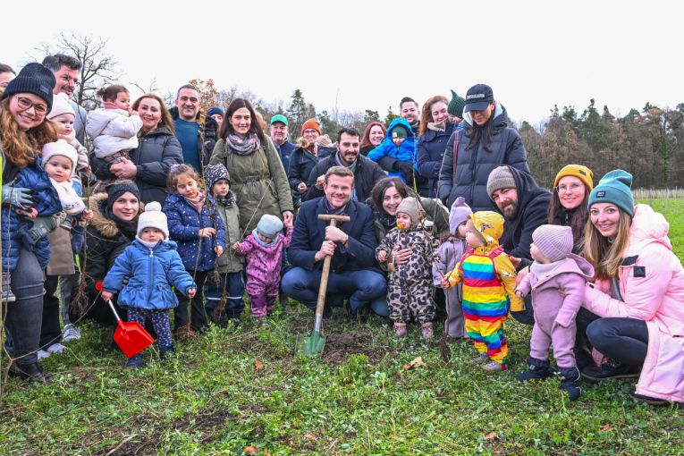 Stellvertretend für alle 2023 geborenen Babys haben am Donnerstag, 28.November 2024, rund 20 Familien mit ihren Kindern gemeinsam mit Oberbürgermeister Marcus König, junge Bäume gepflanzt.