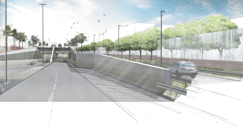 Beim Tunnelportal West führt der Frankenschnellweg zweispurig in den Tunnel.