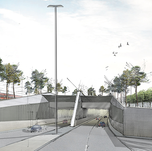 Beim Tunnelportal West führt der Frankenschnellweg zweispurig in den Tunnel.