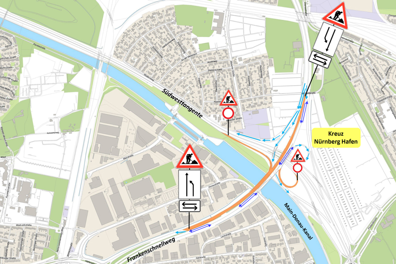 Bild © Stadt Nürnberg Verkehrsführung während während der Abbrucharbeiten und dem Neubau der westlichen Frankenschnellweg Brück., Bild © Stadt Nürnberg