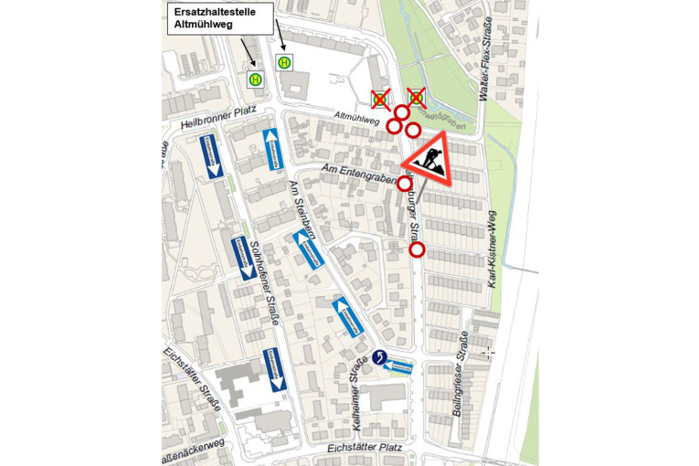 Umleitung während Sperrung der Weltenburger Straße und Kreuzung Altmühlweg