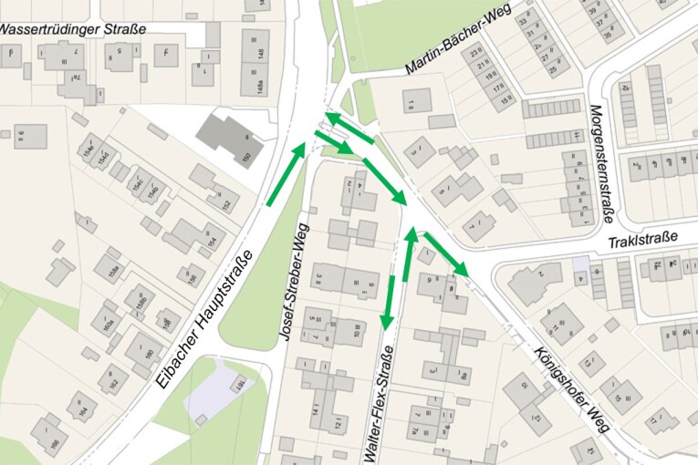 Die Zufahrt zum Gebiet rund um die Walter-Flex-Straße ist während der Sperrung der Weltenburger Straße nur über die Eibacher Hauptstraße möglich.