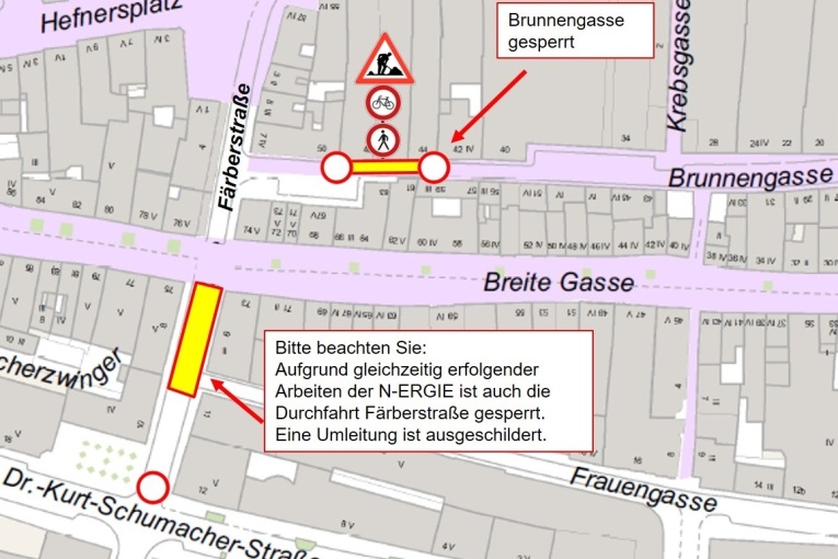 SÖR baut die Fahrbahn in der Brunnengasse von Hausnummer 42 bis Hausnummer 46 unter Vollsperrung voll aus. Auch Fußgängerinnen und Fußgänger können die Baustelle nicht passieren, ebenso wenig Radfahrerinnen und Radfahrer. Aufgrund gleichzeitig erfolgender Arbeiten der N-ERGIE ist auch die Durchfahrt Färberstraße gesperrt. Eine großräumige Umleitung über den Plärrer ist hierfür ausgeschildert.