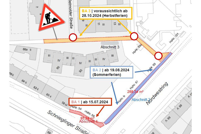 Gehwegsperrungen Nordwestring und Schnieglinger Straße, Durchgang Detmolder Straße zeitweise gesperrt