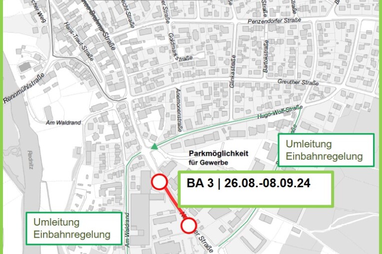 Sperrung zwischen dem Ausbauende der Abschnitte 1/2 und der Hausnummer 15. Eine kleinräumige Umleitung wird stadteinwärts über die Strawinskystraße / Hugo-Wolf-Straße eingerichtet, stadtauswärts über Am Waldrand / Strawinskystraße, beide Richtungen jeweils als Einbahnstraßen.