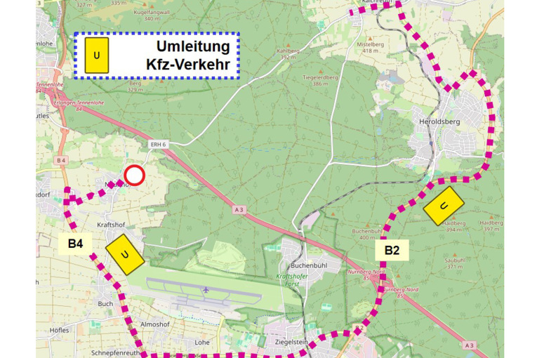 Umleitung für Autoverkehr von Neunhof nach Kalchreuth über B4 und B2
