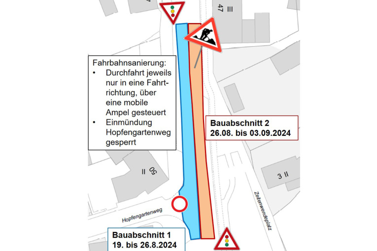 Eibacher Hauptstraße: Fahrbahnsanierung, einspurige Verkehrsführung