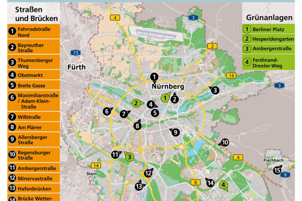 Der Servicebetrieb Öffentlicher Raum Nürnberg (SÖR) führt auch im Jahr 2026 zahlreiche Baumaßnahmen im gesamten Stadtgebiet durch. Im Fokus stehen dabei sowohl die Erhaltung der bestehenden Infrastruktur als auch umfangreiche Investitionen in Straßen, Brücken, öffentliches Grün sowie in den Rad- und Fußverkehr. Die Karte zeigt die Verteilung ausgewählter Maßnahmen im Stadtgebiet.