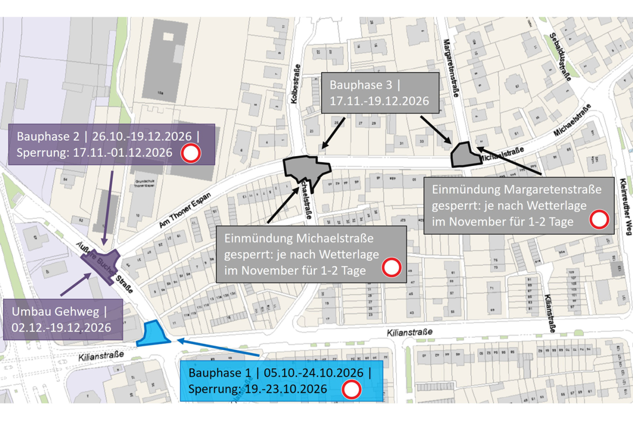Bild © SÖR / Geobasisdaten: © Stadt Nürnberg, Geo und © Bayerische Vermessungsverwaltung. Darstellung der Flurkarte als Eigentumsnachweis nicht geeignet. Umgestaltung der Straßen Am Thoner Espan, Michaelstraße und Abschnitt Äußere Bucher Straße zur Fahrradstraße Bauabschnitte, Bild © SÖR / Geobasisdaten: © Stadt Nürnberg, Geo und © Bayerische Vermessungsverwaltung. Darstellung der Flurkarte als Eigentumsnachweis nicht geeignet.
