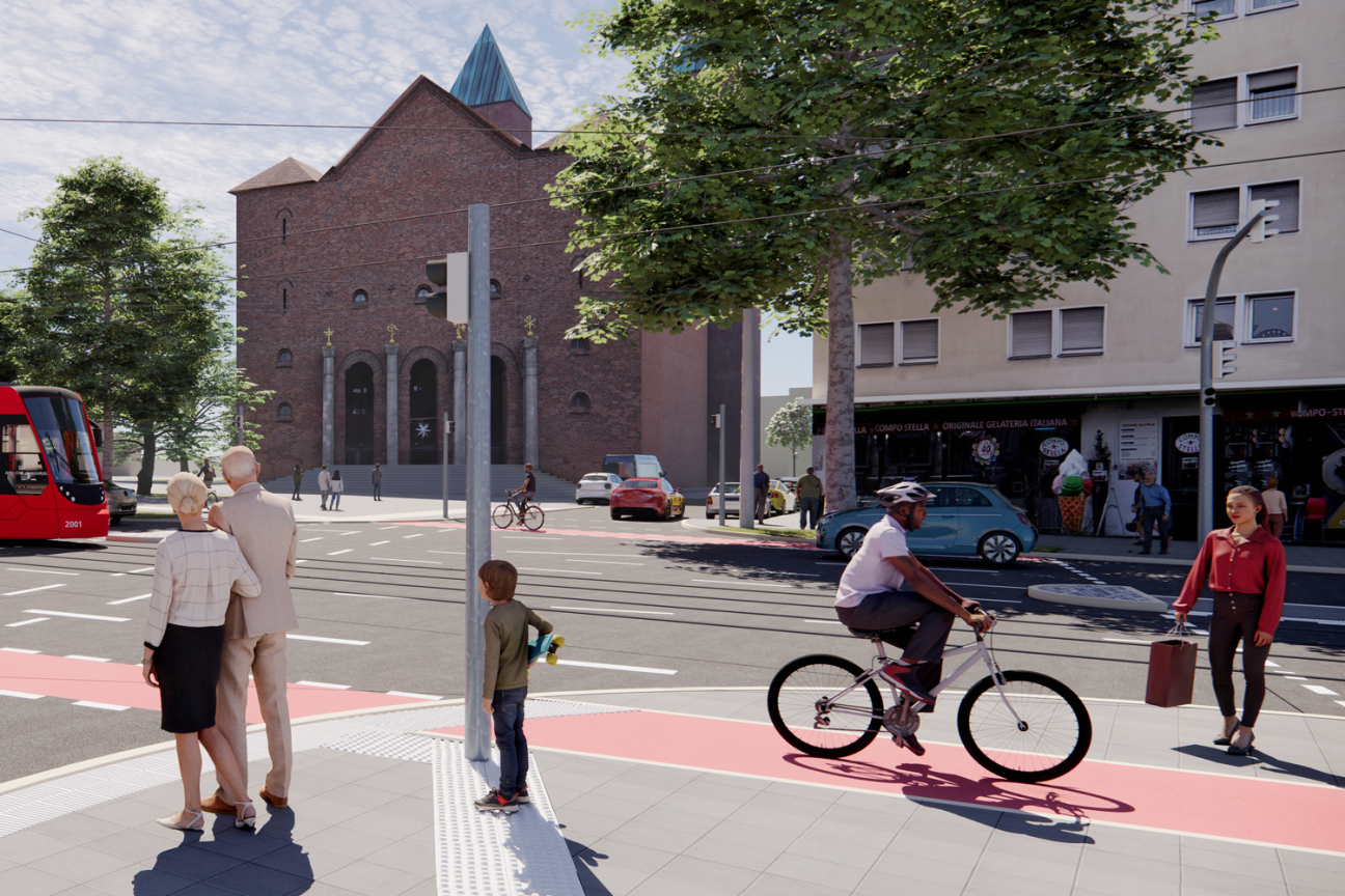 Bild © Caroline Autherid / VAG Verkehrs-Aktiengesellschaft Visualisierung: Die Allersberger Straße im Umfeld der Gustav-Adolf-Kirche, Bild © Caroline Autherid / VAG Verkehrs-Aktiengesellschaft