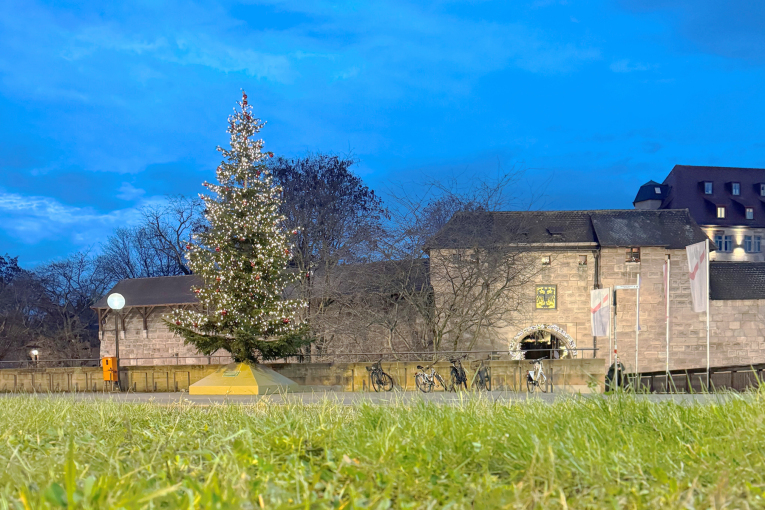 Weihnachtsbaum der Stadt Nürnberg vor dem Handwerkerhof am Bahnhofsplatz